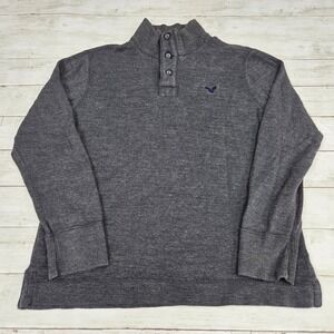 American Eagle Sweater Mens Large Gray Mock Neck Button Pullover Cotton Waffle